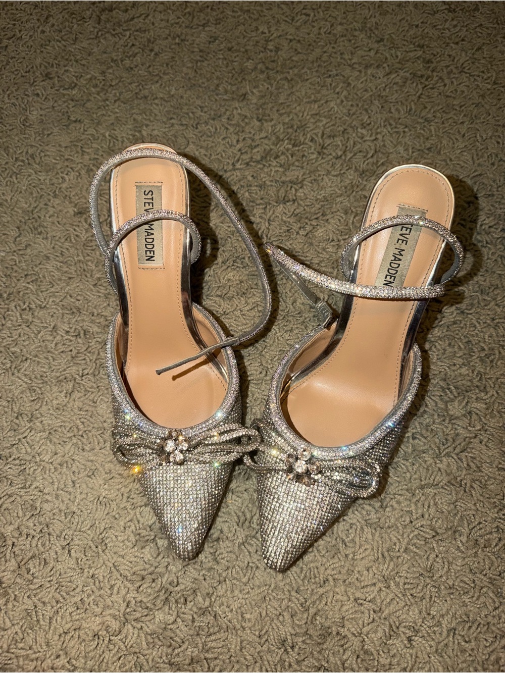 Steve Madden Women's Silver Crystal Pointed Toe Ankle Strap Heels
